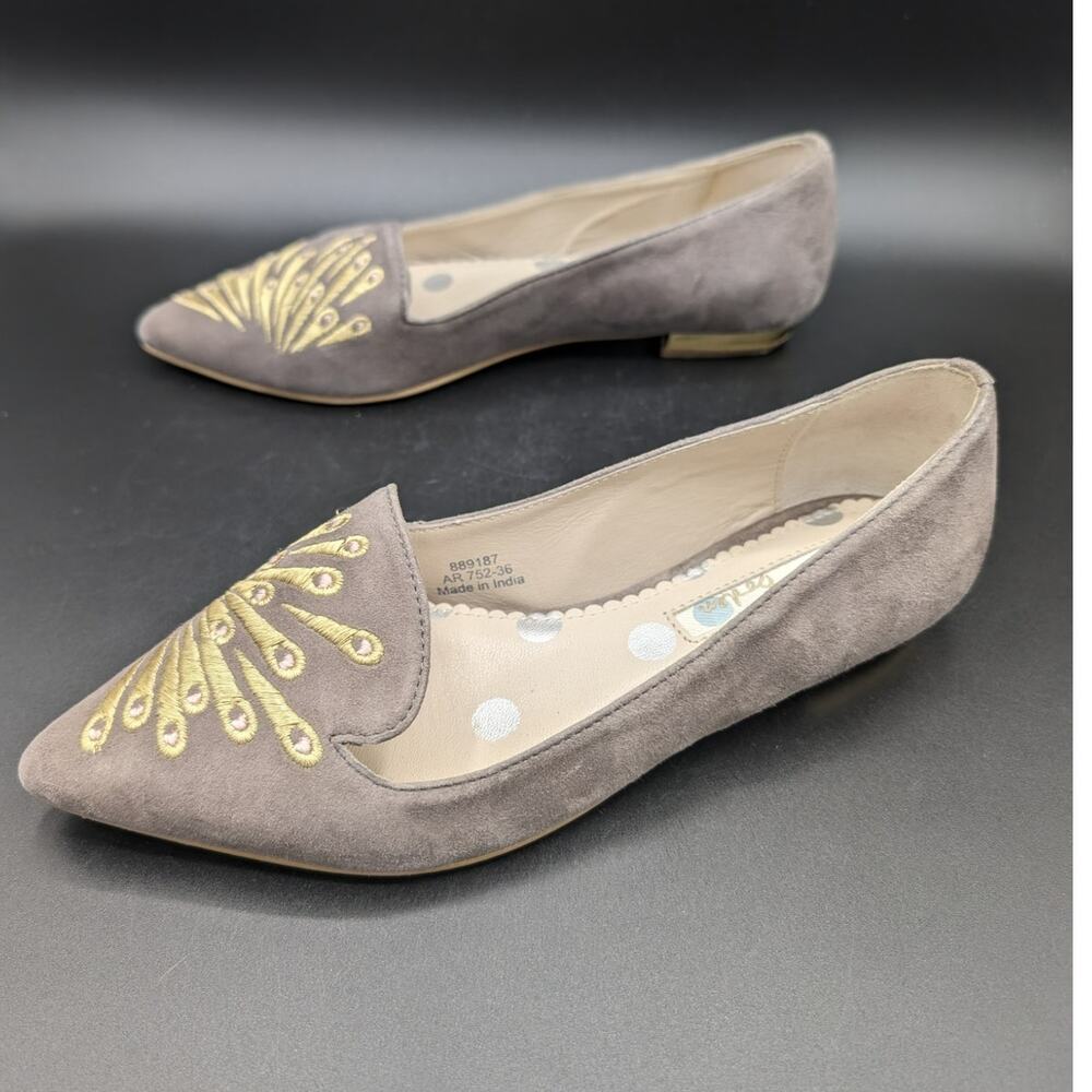 Boden Loafers Womens 5.5 EU 36 Pointed toe Shoes Gray Gold Peacock Embroider